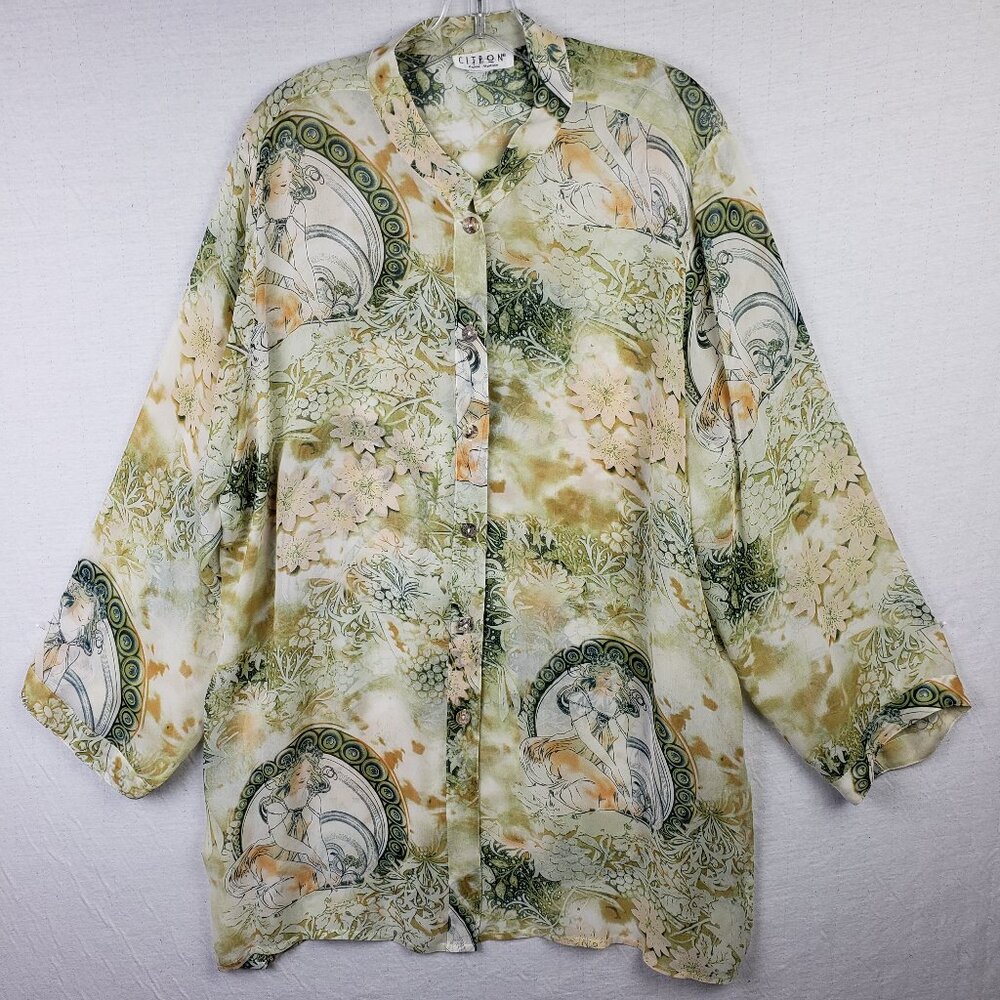 CITRON Tunic Shirt 100% Silk Sheer Art Deco Print Floral Chiffon Button-up sz 3X